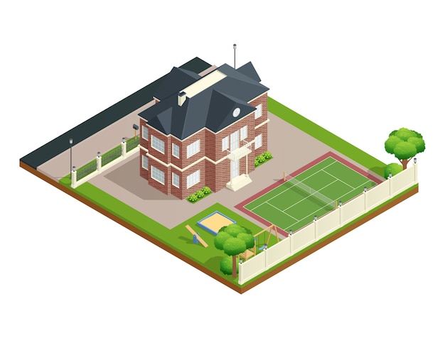 Composizione isometrica della casa del sobborgo con il campo da giuoco dei bambini del prato inglese del cortile e campo da tennis