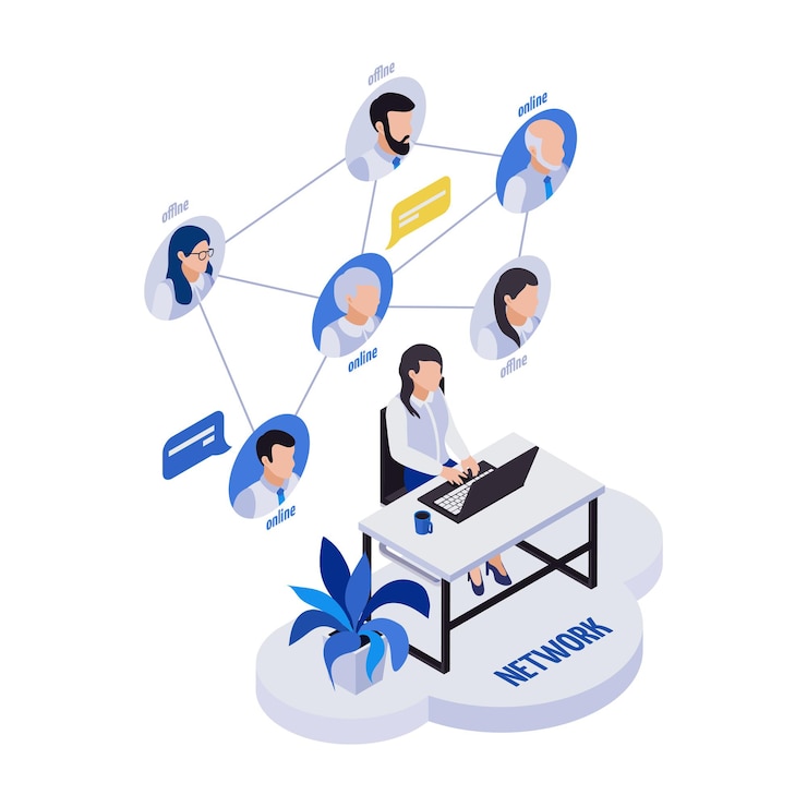 Vettore gratuito composizione isometrica delle icone del lavoro distante della gestione remota con la donna che si siede al tavolo con il diagramma di flusso dei lavoratori remoti