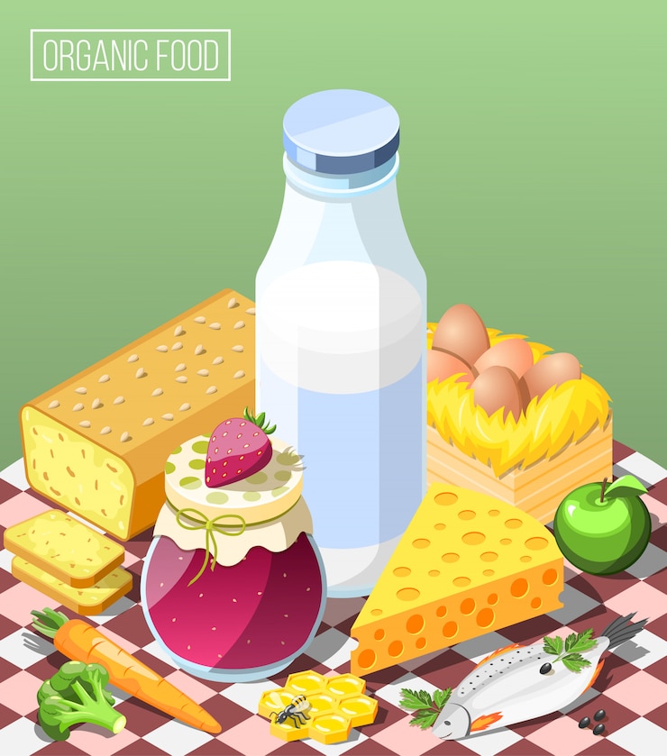 Vettore gratuito composizione isometrica di alimenti biologici