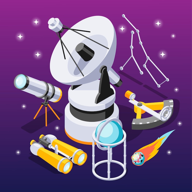 Vettore gratuito composizione isometrica di astronomia con elementi di apparecchi di osservazione con costellazioni di stelle su gradiente viola