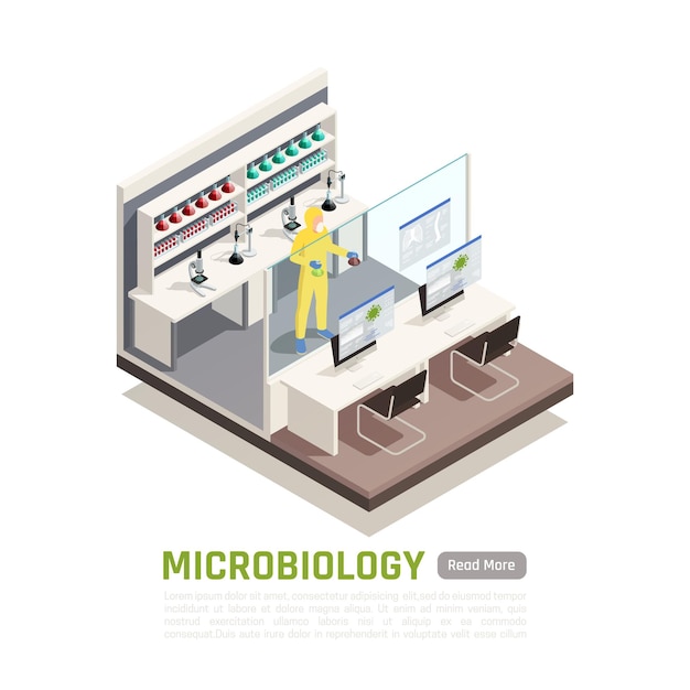 Composizione isometrica di microbiologia con scienziato nell'illustrazione della tuta protettiva