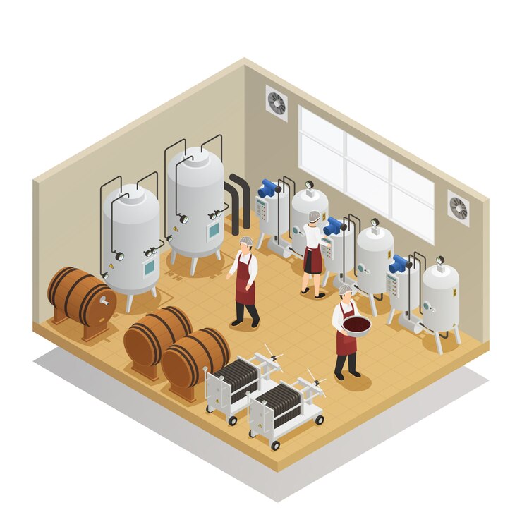 Vettore gratuito composizione isometrica di produzione di bevande alcoliche