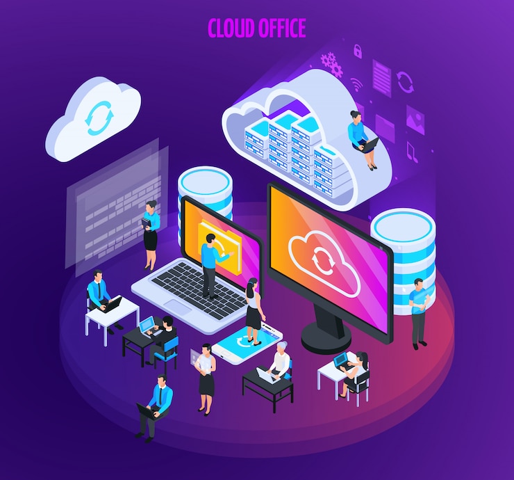 Vettore gratuito composizione isometrica di servizi cloud con piccole figure di persone con schermi di computer