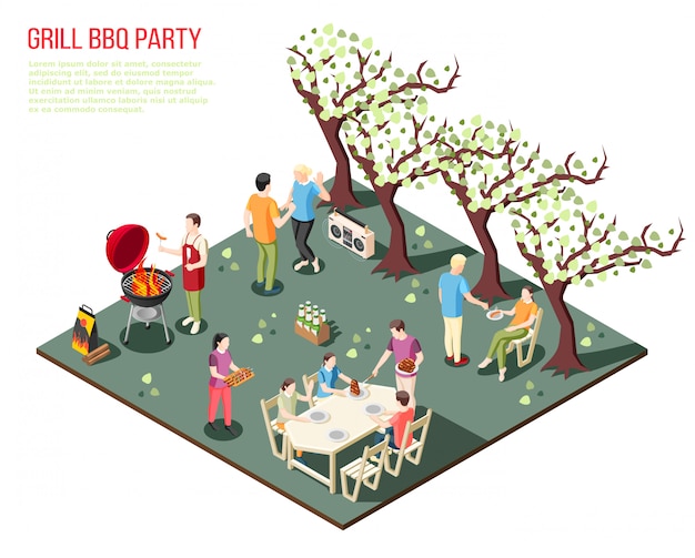 Composizione isometrica griglia barbecue party con grandi familiari che riposano all'aperto con descrizione del testo modificabile