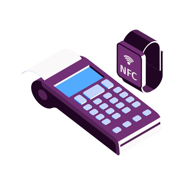 Composizione isometrica in banca mobile online con icone di orologio intelligente e illustrazione vettoriale terminale di pagamento