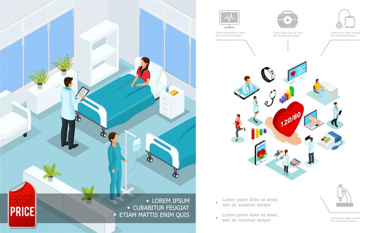 Vettore gratuito composizione isometrica in cure mediche con paziente visita medico nella stanza d'ospedale ed elementi di medicina digitale