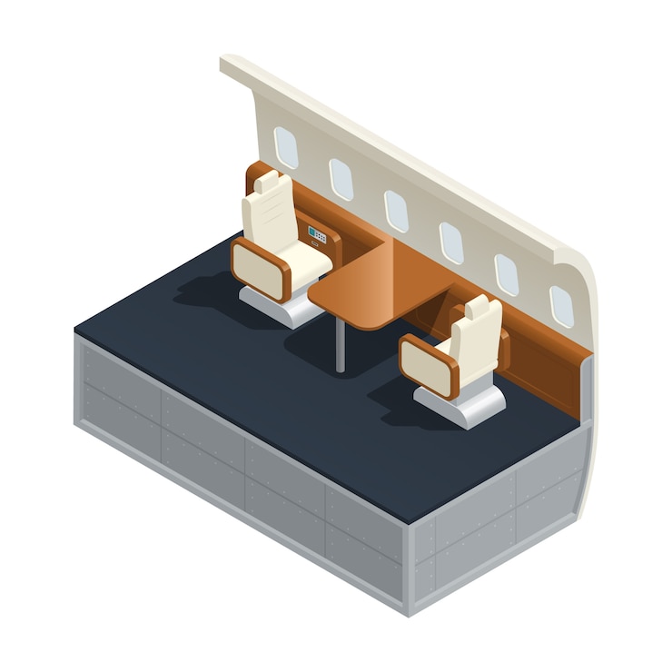 Vettore gratuito composizione isometrica interna dell'aeroplano colorato con mobilia e servizi dentro l'illustrazione di vettore del salone