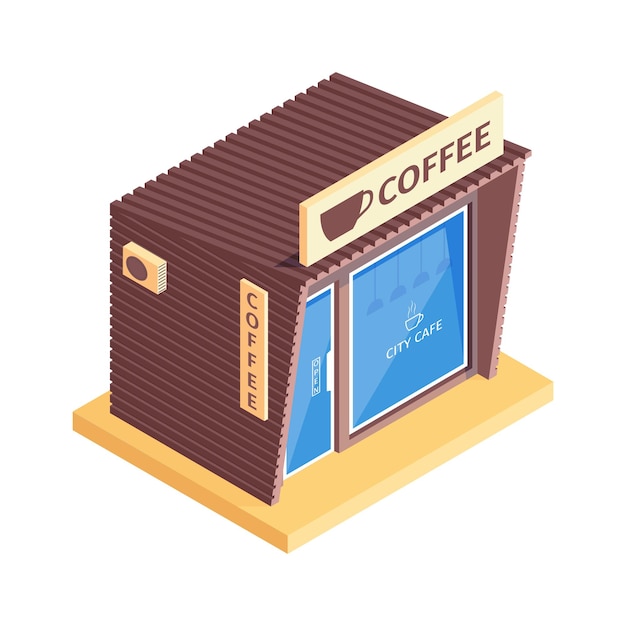 Composizione isometrica nei negozi con l'immagine isolata dell'edificio della caffetteria sull'illustrazione bianca di vettore del fondo