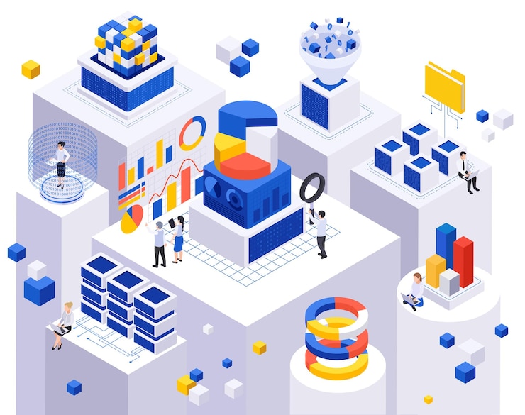 Vettore gratuito composizione isometrica nell'economia dei dati con grafici a barre circolari, grafici a barre, spazio di archiviazione del server di cubi volanti e illustrazione vettoriale di caratteri umani