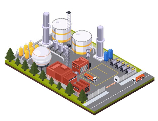 Composizione isometrica nell'industria petrolifera dell'olio con la vista dell'area della fabbrica con i camion delle cisterne e l'illustrazione dei serbatoi dell'olio