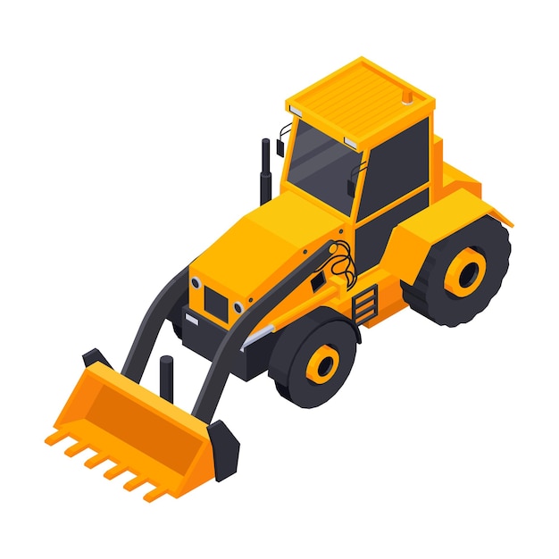 Composizione isometrica nella costruzione di strade con immagine isolata dell'illustrazione vettoriale del bulldozer arancione