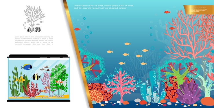 Vettore gratuito composizione luminosa acquario piatto con esotici pesci colorati, pietre di alghe e coralli