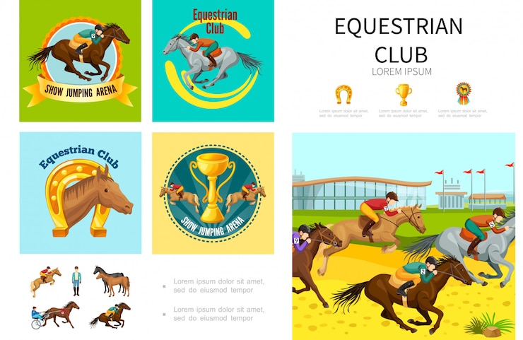Vettore gratuito composizione nello sport equestre del fumetto con il salto che corre e che prepara i cavalli con la medaglia della tazza a ferro di cavallo dei fantini