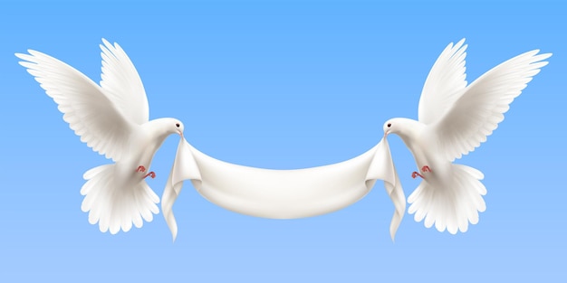 Composizione orizzontale con due colombe bianche in volo sul blu tenendo vuota bandiera bianca nel becco come simbolo di pace e armonia realistica