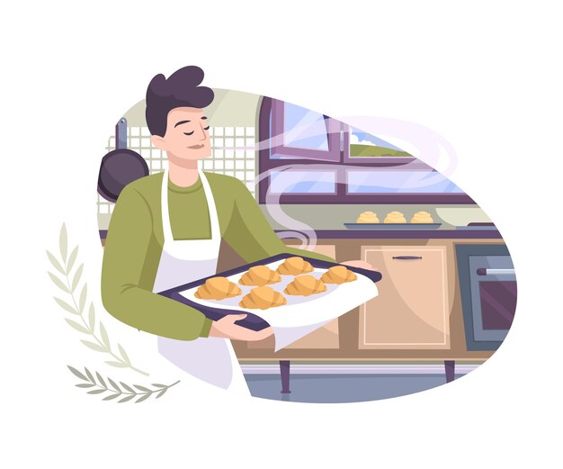 Composizione piatta con set da forno con vista sulla cucina e uomo che tiene vassoio con croissant