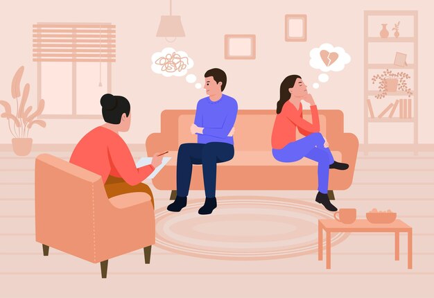 Composizione piatta del divorzio che dimostra lo psicologo che lavora con una coppia triste e infelice seduta sul divano con le spalle girate dall'altra parte illustrazione vettoriale