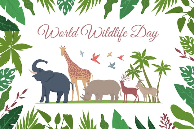 Composizione piatta della carta della giornata mondiale della fauna selvatica con cornice floreale di testo ornato e uccelli esotici con illustrazione di animali