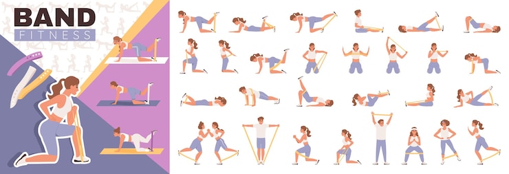 Vettore gratuito composizione piatta in fascia fitness con personaggi maschili e femminili che allenano i muscoli del corpo utilizzando l'illustrazione vettoriale di elastici