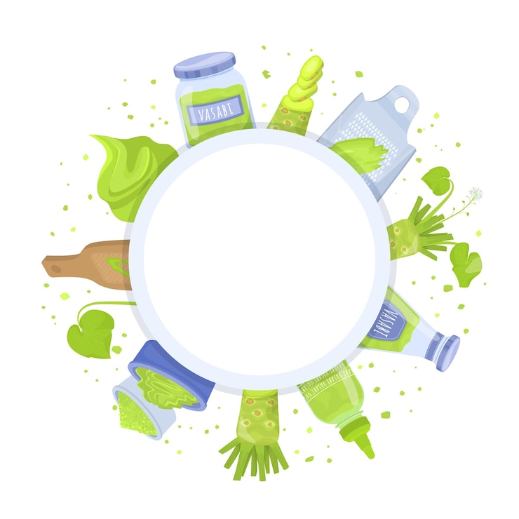 Vettore gratuito composizione piatta in salsa wasabi con spazio circolare vuoto circondato da puntini verdi piante polvere e pacchetti illustrazione vettoriale
