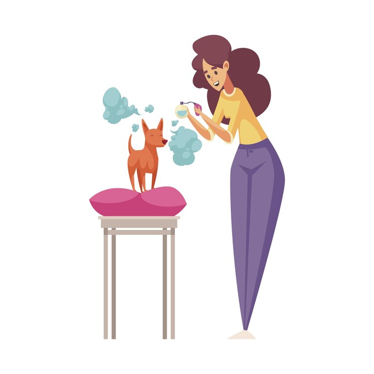 Vettore gratuito composizione piatta per toelettatura con carattere di ragazza che spruzza profumo sulla sua illustrazione vettoriale di cagnolino