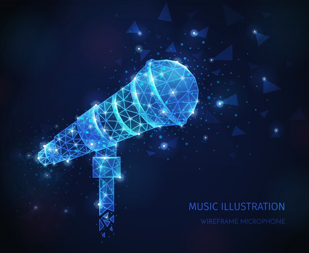 Composizione poligonale wireframe media musicali con testo e immagine scintillante di microfono vocale professionale su supporto