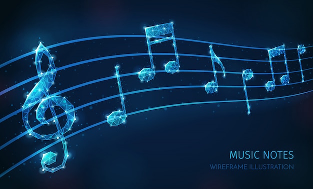 Composizione poligonale wireframe media musicali con testo e immagini di personale musicale con chiave e note