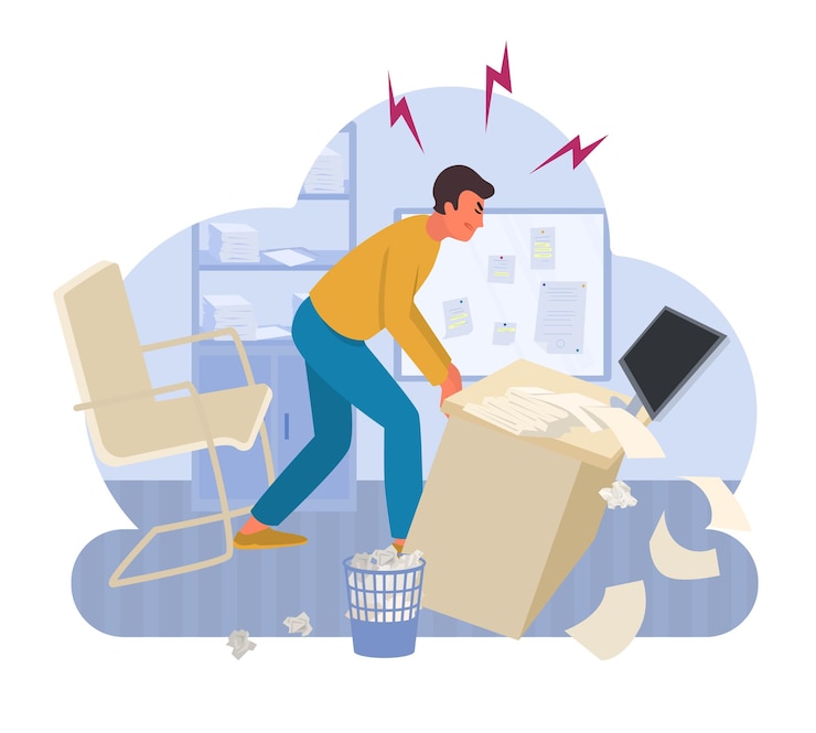 Vettore gratuito composizione professionale di sindrome da burnout con carattere maschile aggressivo che crea caos nella sua illustrazione vettoriale della stanza dell'ufficio