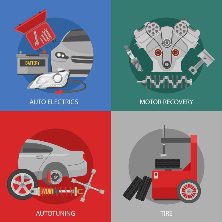 Vettore gratuito composizione quadrata di riparazione auto professionale piatta con messa a punto di recupero motore elettrico automatico e servizi pneumatici