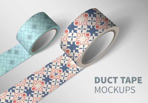 Composizione realistica del mockup del nastro adesivo con testo modificabile su sfondo bianco e due rotoli decorati di illustrazione vettoriale del nastro
