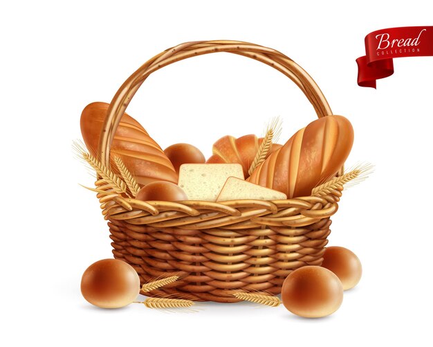 Composizione realistica del pane con un cesto pieno di baguette di pane e pane tostato con fette di illustrazione del testo
