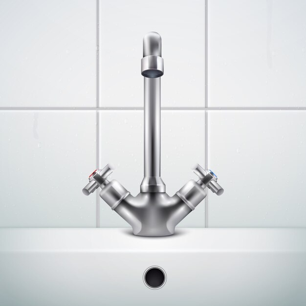 Composizione realistica del rubinetto del metallo con le immagini della parete della stanza da bagno coperta di mattonelle bianche e lavandino