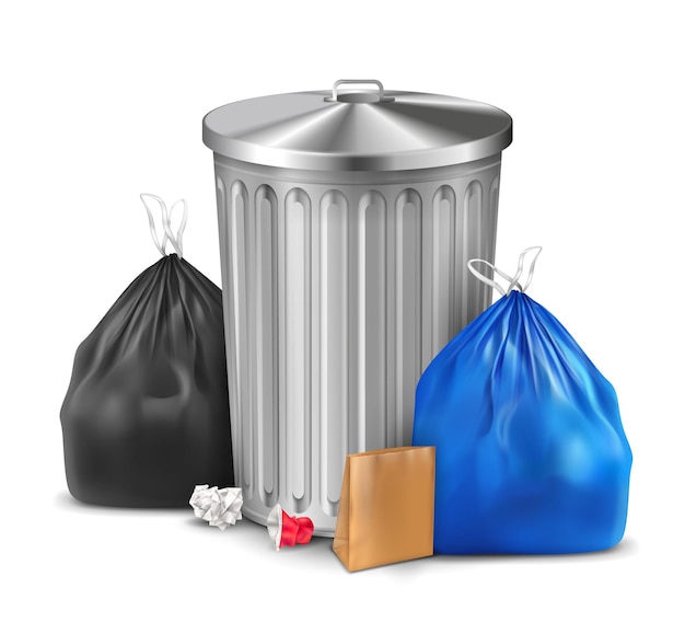 Composizione realistica del sacchetto della spazzatura e del bidone in plastica con secchio di metallo e coppia di sacchi con illustrazione della spazzatura
