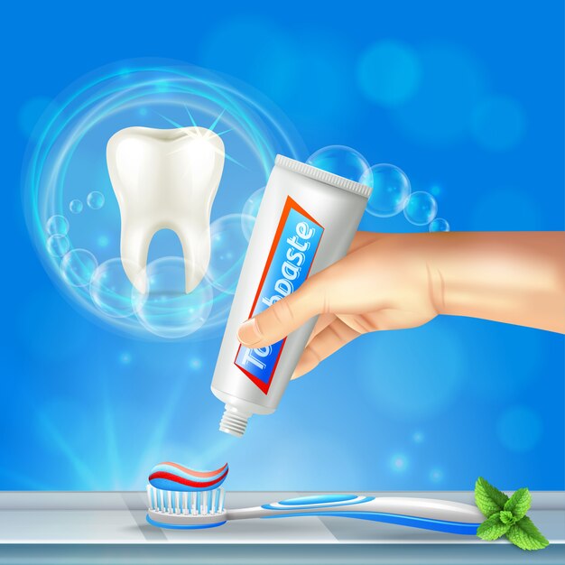 Composizione realistica di cura orale di odontoiatria preventiva con dente brillante e dentifricio spremitura a mano sullo spazzolino da denti