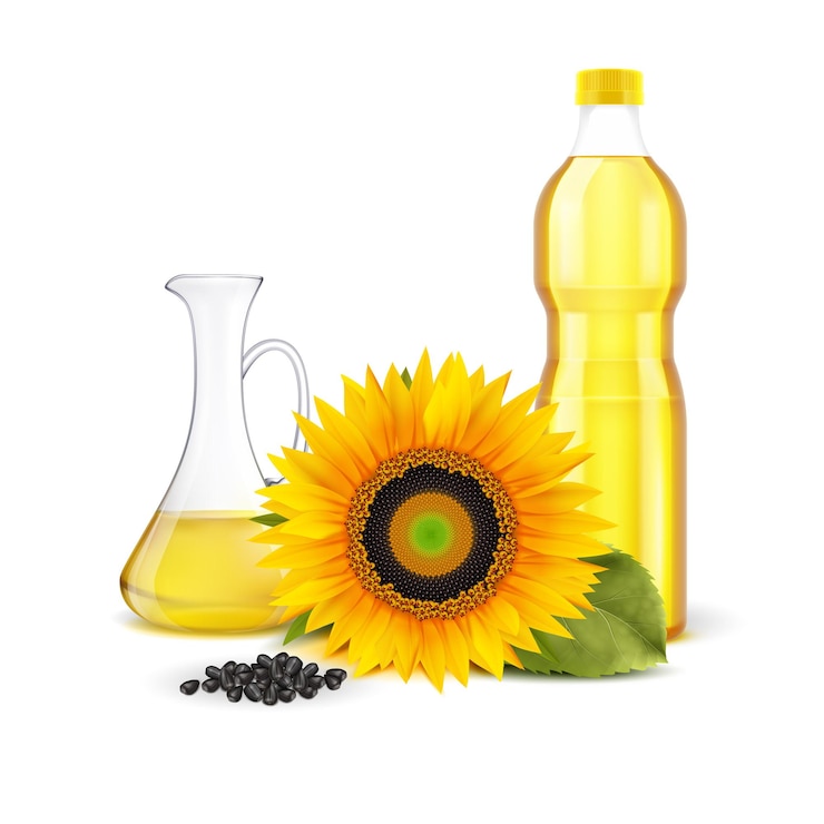 Vettore gratuito composizione realistica di girasole su sfondo bianco con brocca di fiori gialli e bottiglia con illustrazione vettoriale di olio raffinato