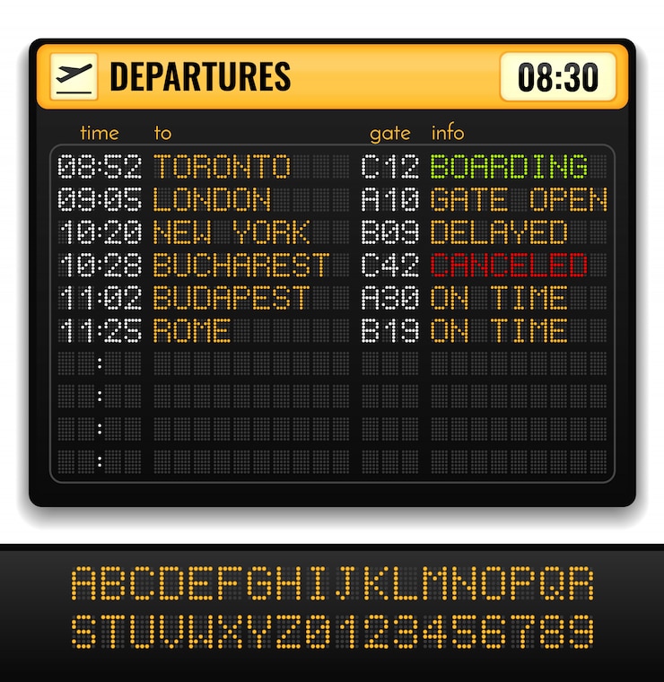 Vettore gratuito composizione realistica nel bordo elettronico dell'aeroporto con gli alfabeti gialli a bordo e l'illustrazione di informazioni di partenze