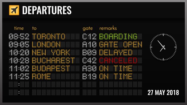 Composizione realistica nel bordo elettronico nero dell'aeroporto con l'illustrazione delle direzioni dei temporali e di voli di partenze