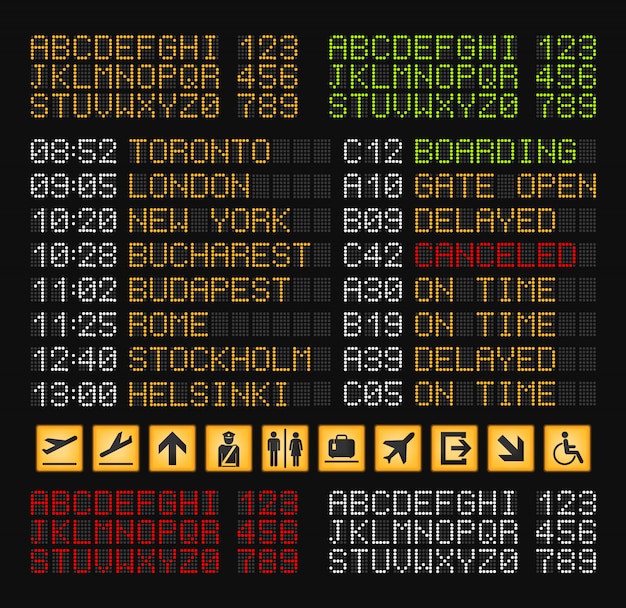 Composizione realistica nel costruttore del bordo dell'aeroporto con l'insieme delle lettere bianche e verdi rosse gialle per l'illustrazione del bordo dell'aeroporto