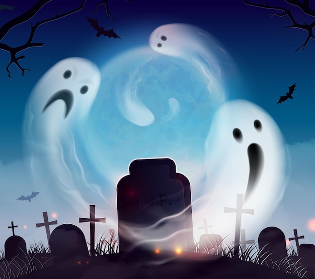 Composizione realistica nel paesaggio di paesaggio di Halloween del fantasma del cimitero con gli spettri spaventosi e divertenti che galleggiano sopra il cimitero