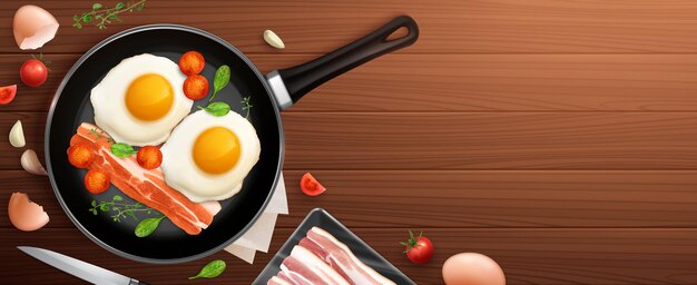 Composizione realistica nella colazione con padella sul fondo della tavola in legno scuro e vista dall'alto dell'illustrazione del vettore del pasto