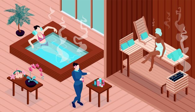 Composizione spa isometrica con vista sui saloni ricreativi con piscina e bagno turco con illustrazione vettoriale di persone