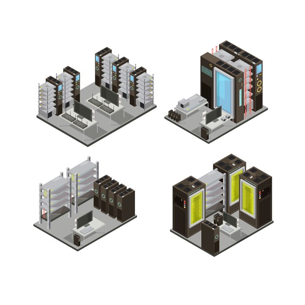 Composizioni isometriche di data center compresi server di hosting per servizi cloud con workstation per illustrazione vettoriale amministrazione isolata