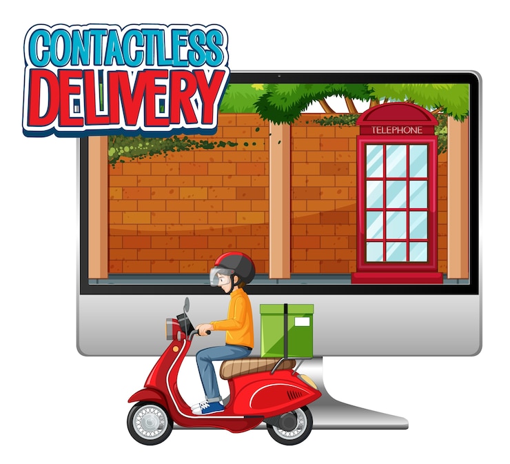 Vettore gratuito computer con bike man o corriere e consegna contactless