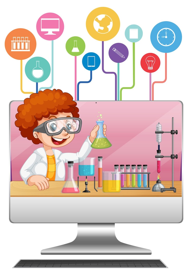Vettore gratuito computer con cartone animato bambino scienziato