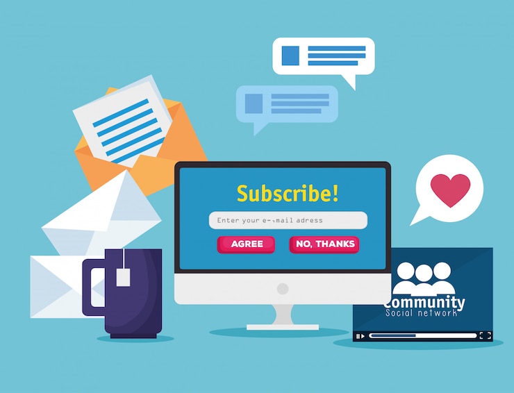 Vettore gratuito computer con profilo sociale e comunità sociale