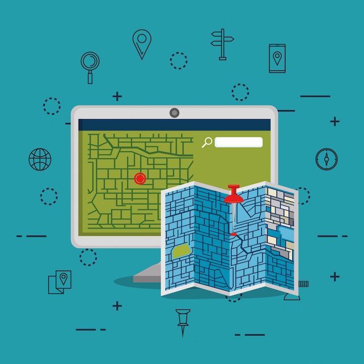 Vettore gratuito computer desktop con software di navigazione gps