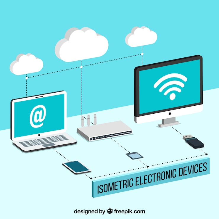 Vettore gratuito computer e altri dispositivi con wifi in stile isometrico