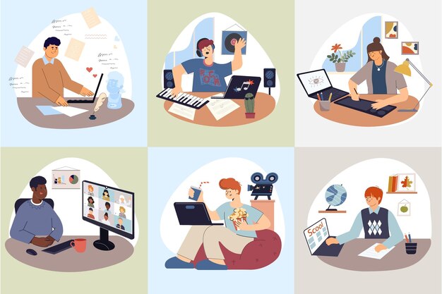 Computer persone set di composizioni quadrate con doodle personaggi umani che utilizzano computer per diversi scopi di occupazione illustrazione vettoriale