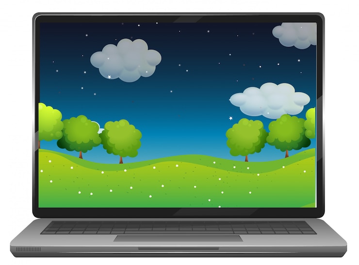 Vettore gratuito computer portatile con parco di notte sfondo del desktop