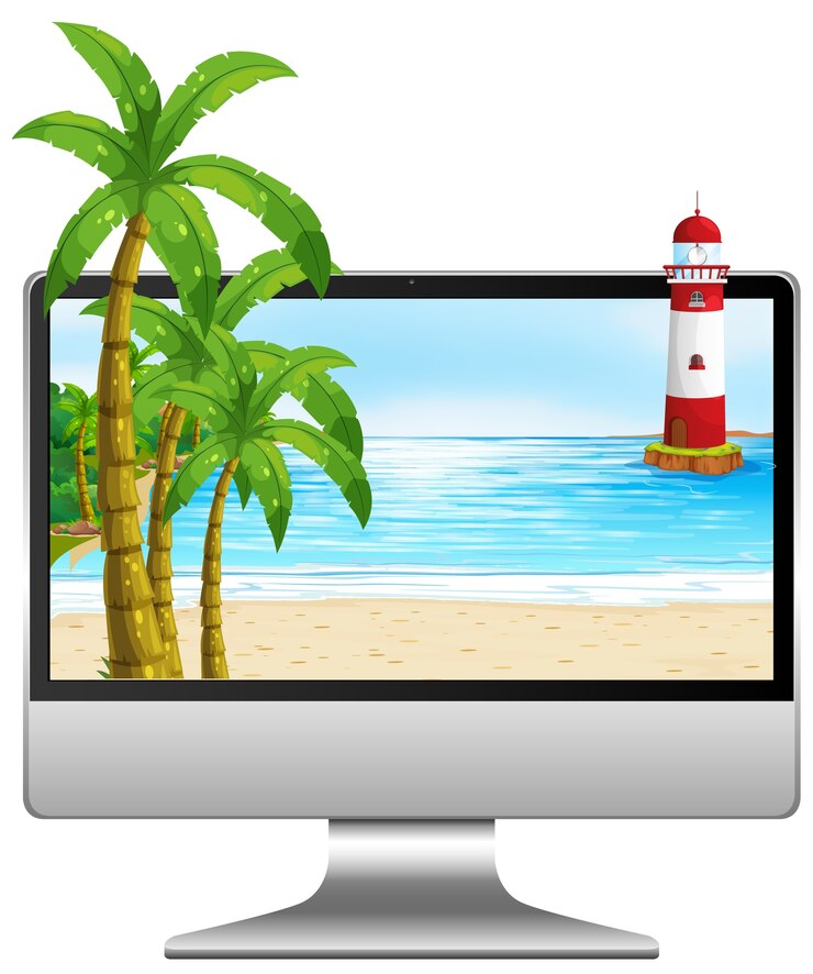 Vettore gratuito computer sul tavolo con spiaggia sullo schermo
