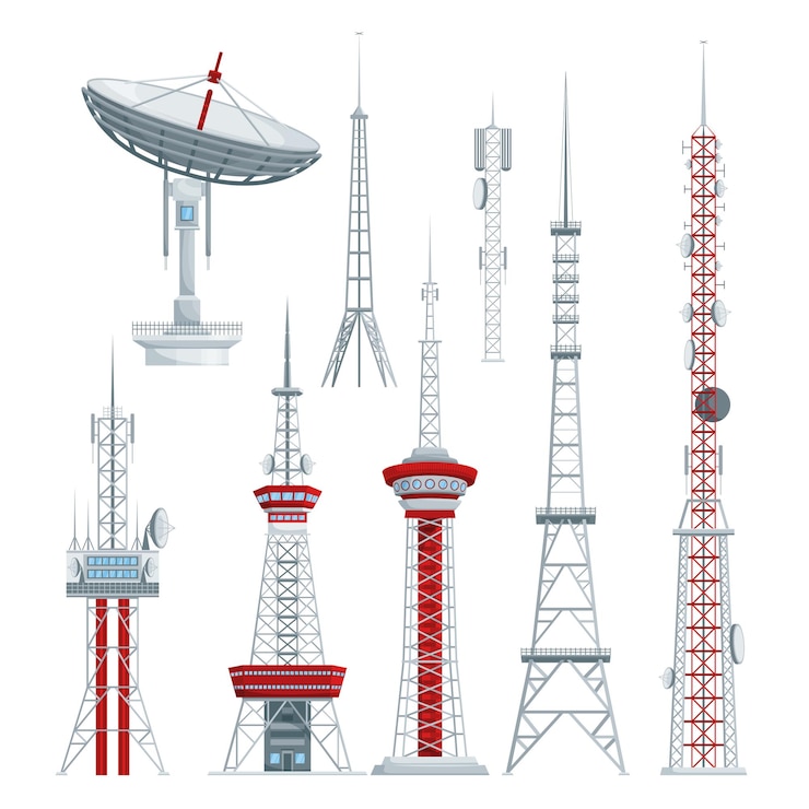 Vettore gratuito comunicazione radio tv antenna torri set di icone isolate con vista della televisione e antenne cellulari illustrazione vettoriale